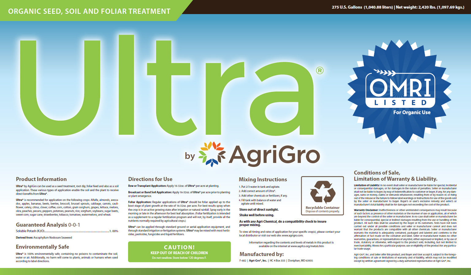 Ultra by AgriGro - OMRI – Sustain Seed + Soil